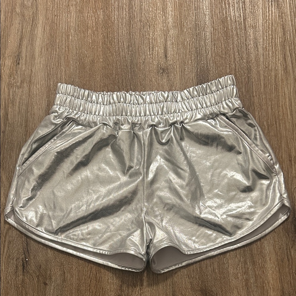 Women’s Metallic Silver Athletic Shorts with Elastic Waist